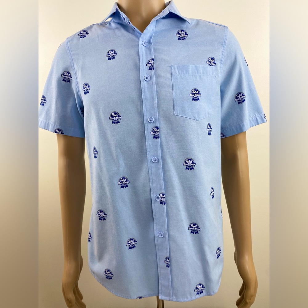 Pabst Blue Ribbon Shirt PBR Short Sleeve Blue, Men's Size Small Button Down